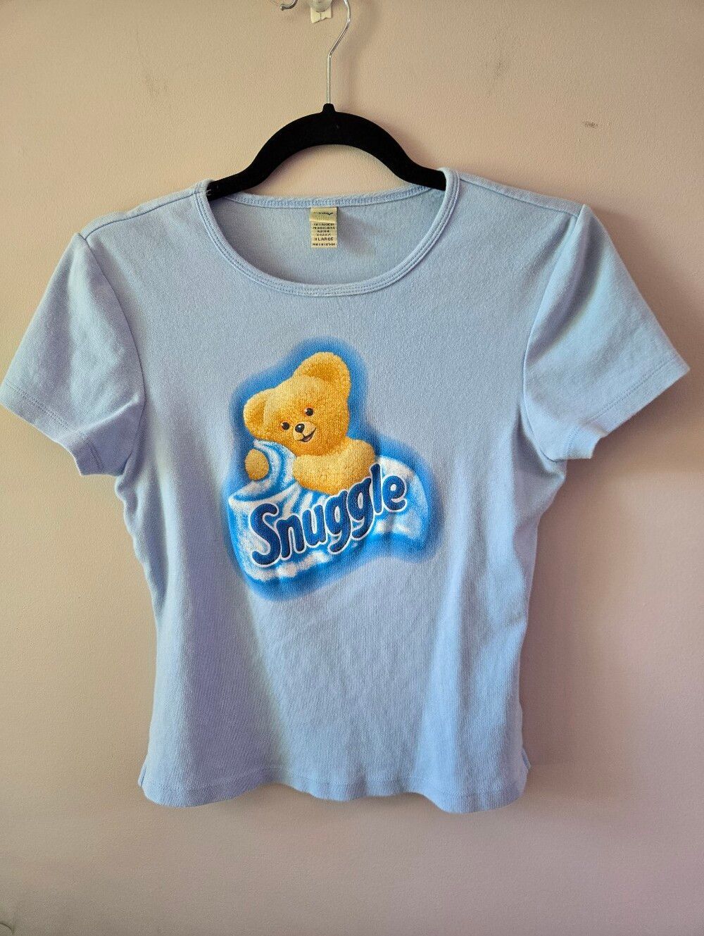 VTG Y2K Snuggle Bear Graphic Baby Tee Pastel Blue Kavio Kidcore Retro XL